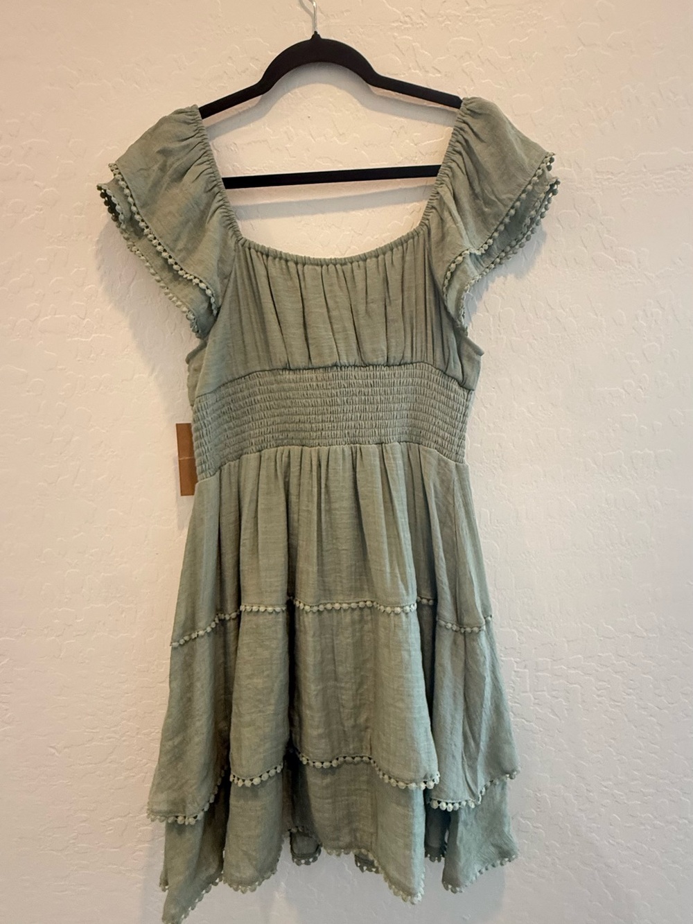 Smocked Sage Midi Dress with Pom-Pom Trim - Picture 2 of 5